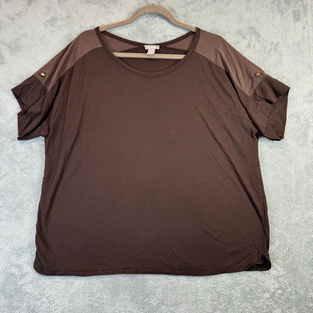 Chico's Top Womens 3 Brown Studded Dolman Short Sleeve Shoulder Tapered Blouse